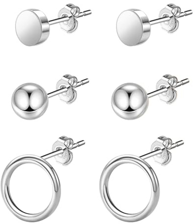 Ohrringe Silber 925 Set, Hypoallergen Wasserfeste Ohrstecker Silber Damen, Ohrringe für Mehrere Ohrlöcher (Kreis,Kugel,Scheibe) Ohrstecker Damen Gold/Silber/Rosegold Geschenke für Frauen Valentinstag