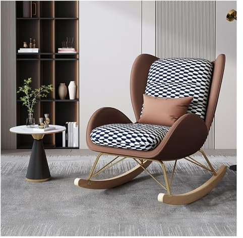 Stillschaukelstuhl Glider Chair Bequemer Schaukelsessel mit hoher Rückenlehne für das Wohnzimmer, Relaxsessel mit weicher Lendenwirbelsäule und Holzbeinen (Farbe: Braun)