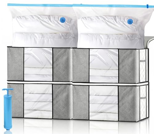 Leavans 4 pièces Housse de Rangement Sous Vide,4 Sacs Sous Vide et 1 Pompe,Sac de Rangement Vetement,Bac de Rangement avec Poignée Renforcée,pour Vêtements,pour Couette Oreillers Vêtements la Literie