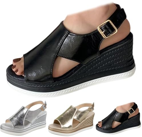Conquerory rosa ortopediska sandaler, bekväma ortopediska skor med fotvalvsstöd för kvinnor, sandaler med platåkilklack och spännen på ankelremmen, svart, 39 EU
