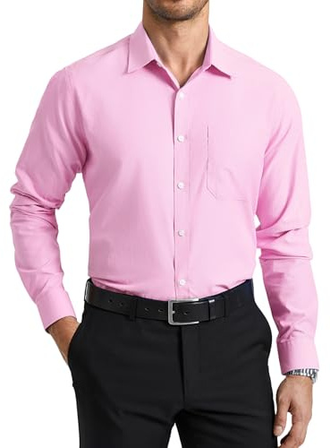 HISDERN Chemise Homme Manches Longues en Coton Chemises Rose Hommes Habillée Regular Fit Formelle Unie Boutonnées Mariage avec Poche 2XL