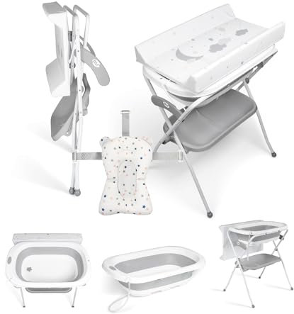 Ms Bañera Bebe con Patas, Cambiador, Cojín Reductor y Cesta Portaobjetos - Comoda, Facil de Guardar, con Tapón y Patas Antideslizantes - Bañera Bebé Plegable y Portatil