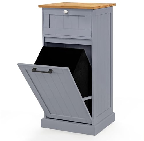 RELAX4LIFE Tilt Out Laundry Hamper, 30L Wooden Pull Out Laundry Cabinet with Removable Clothes Basket & Drawer, Freestanding Bathroom Storage Cabinet for Bathroom, Bedroom,Laundry Room (Grey)