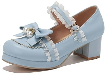 Seborluys Women's Blue Lolita Shoes Kawaii Platform Mary Janes Mid Chunky Heel Sweet Bow Lolita Heels Kawaii Dress Pumps Cute Coquette Doll Shoes Cutecore with Ankle Strap,Size 8