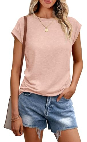 Cuptacc T-shirt dam rund hals sommar topp dam chic och elegant kortärmad blus, rosa, M