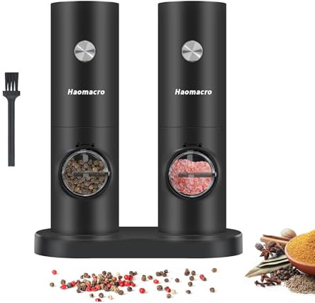 Electric Salt and Pepper Grinder Set,Haomacro 2Pcs Battery Operated Pepper Mills Grinder with Base,Adjustable Coarseness and Automatic Single Hand Operation for Home Kitchen Cooking BBQ