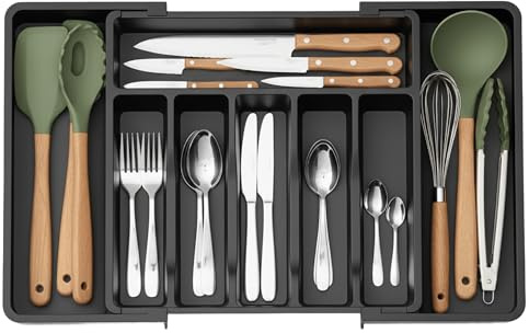 WS HOME – Besteckkasten Schubladen Organizer Küche – Erweiterbar 33–57 cm, Tiefe 38 cm – Kunststoff Besteckhalter 8 Fächer, BPA-frei & Robust – Küchenutensilienhalter Schwarz