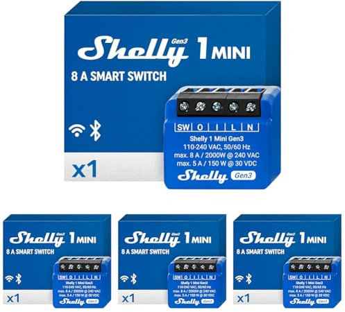Shelly 1 Mini Gen3, Relè Intelligente WiFi e Bluetooth, 1 Canale, 8A, Domotica, Contatti Puliti, Controllo Remoto Luci, Dimensioni Compatte, Alexa e Google Home, iOS e Android, Nessun Hub Necessario