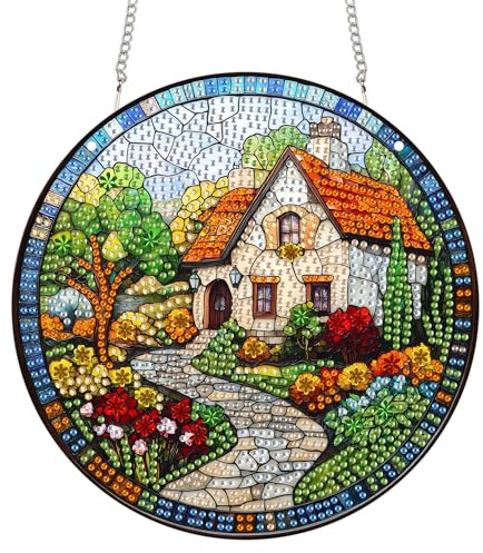 Reofrey Diamond Painting Doppelseitig Anhänger Acrylbrett mit Kette - 20x20cm Gartenlandschaft Diamant Painting Fensterbilder Deko Set DIY Kristall Malerei Anhänger für Wand Fenster & Garten Schmücken