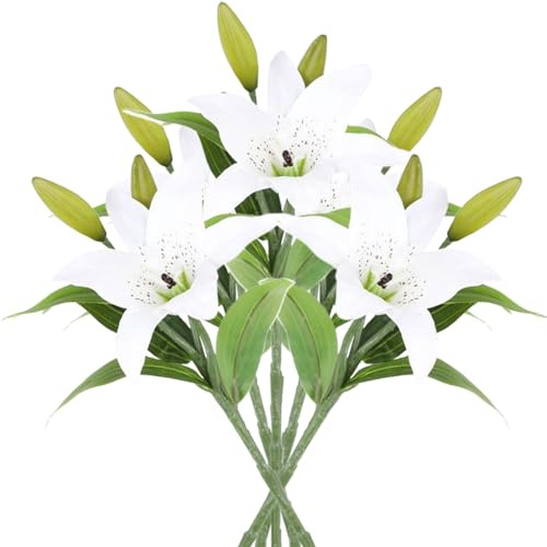 Odoukey Künstliche Blüten, künstliche Lilien 5pcs 14.6 Realistische Lilieblüten mit kurzen Stiel und Blättern mit geringer Wartung gummiert Stofflilie zur Dekoration, weiß