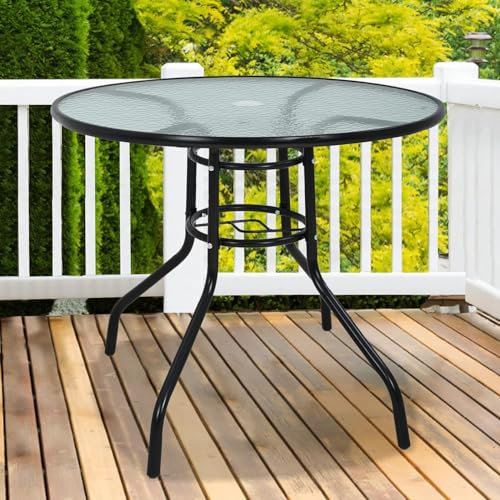 Outdoor Esstisch - Rechteckiger Bistrotisch aus Metall und gehärtetem Glas mit Schirmloch für Terrasse, Garten, Balkon & Kaffee