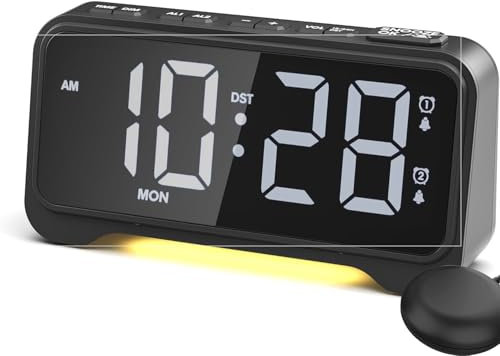 Mesqool Loud Alarm Clock for Heavy Sleepers with Bed Shaker, Vibrating Alarm Clock for Deaf, 5 Dimmer & Volume, Dual Alarms, USB Powered, Snooze, 12/24H, White LED Display, Night Light