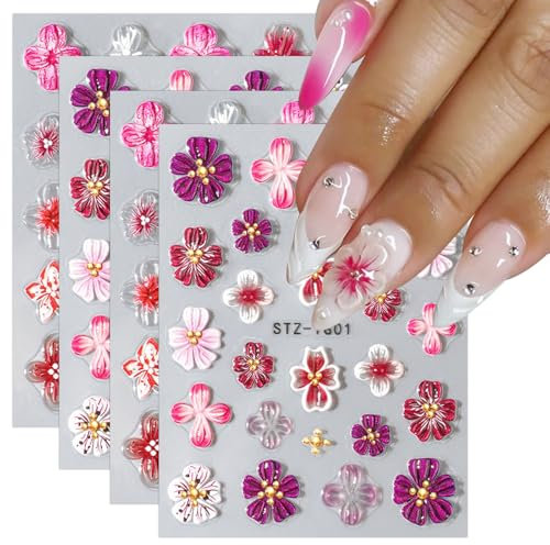 JMEOWIO 3D Nagelsticker Colorful Flower Nail Art Sticker Selbstklebend Nagelaufkleber 5D Stereoskopisch Spring Summer Floral Dekoration Nageldesign Zubehör 4 Blatt