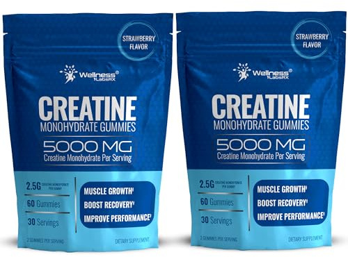 WELLNESS LABSRX Creatine Gummies 5000mg, 30 Servings Creatine Monohydrate Gummies, Strawberry Flavor Creatine for Men - Pack of 2