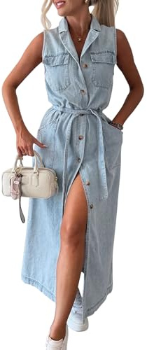 Vevesmundo Dam denim ärmlös jeansklänning sommarklänning skjortklänning sommarklänning skjortklänning med knappslå storlek 36 38 40 42, Ljusblå, L