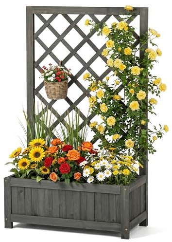 Hochbeet mit Rankgitter aus Holz, Pflanzkasten mit Rankhilfe für Kletterpflanzen, Vertikales Gartenbeet für Blumen, Gemüse & Kräuter, Blumenkasten für Balkon, Terrasse & Garten, Höhe 100cm