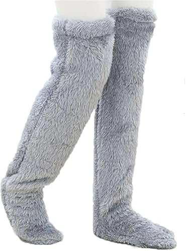 Oberschenkelhohe flauschige Socken für Damen, lange Knie-Beinstulpen, Hausschuhe, Plüsch, warm, über dem Knie, grau