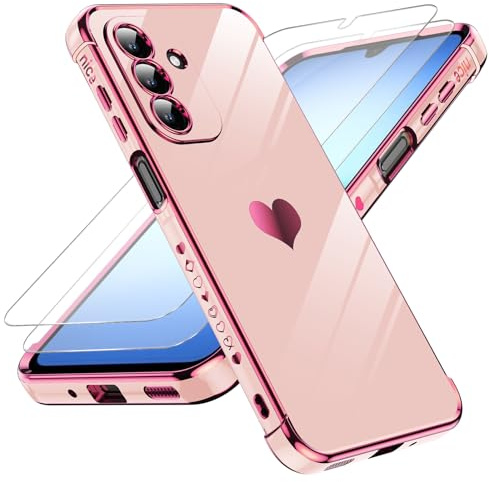 LeYi Funda para Samsung Galaxy A17/A 17 4G/5G 5 G, Rosa | Silicona Carcasa con 2pcs Cristal Templado, Corazón Amor Mujer Estuche Protector TPU Bumper Resistente Antigolpes Case