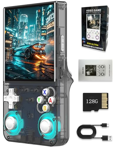GATBGEFU New R36 Ultra Handheld Game Console, 4 IPS Screen Portable Video Game Console, Built in 64G Card & 20000 Games, Linux System Support WiFi Bluetooth