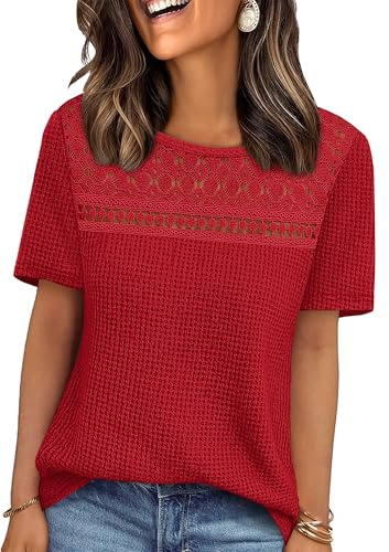Womens Blouses Dressy Business Casual Outfits Christmas Valentine's Day Shirts Short Sleeve Spring Tops Summer Clothes Crochet Lace Red L