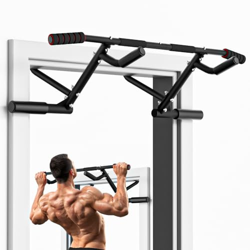 ONETWOFIT Barra per trazioni, telaio della porta, Pull Up Bar per Doorway, con manici antiscivolo, pieghevole, dispositivo di allenamento per palestra, fino a 210 kg, montaggio a parete (nero-1)