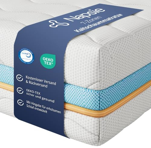 NAPSIE Matratze 90x200 cm, 7-Zonen Kaltschaummatratze Mittelfest & Weich, 22 cm Höhe, Ergonomiemodule Komfort Rückenstütze 7-Zonen Hochwertige Matratze, Öko-Tex Zertifiziert