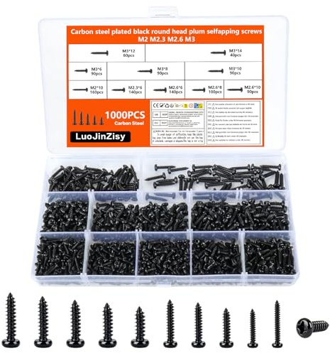 1000 Stück M2 M2,3 M2,6 M3 Kleine Schrauben Set | Selbstschneidende Schrauben Set,Schwarze Selbstschneidende Blechschrauben,Rundkopf Holzschrauben für Holz Kunststoff Metall
