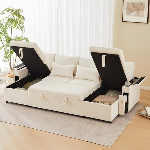 Xwiny Ecksofa mit Kommode und Tassenregal, Ausziehsofa mit Aufbewahrungsfächer und Aufbewahrungsliege, Stauraum in der Verdeckten Armlehn, Chenille + Cord, Beige-A, 272x131x84 cm