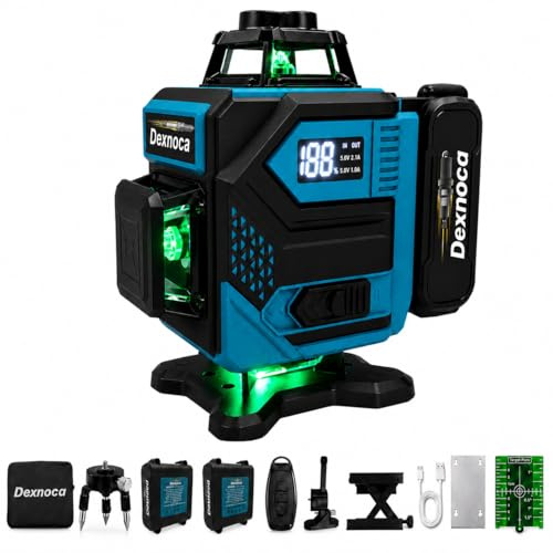 Dexnoca 16 Line Laser Level with Remote, 2x8000mAh Batteries, 4x360° Green Beam Self Levelling Cross Line Tool for Floor Tiling, DIY, Construction, Home Renovation, Picture Hanging, etc (Blue)