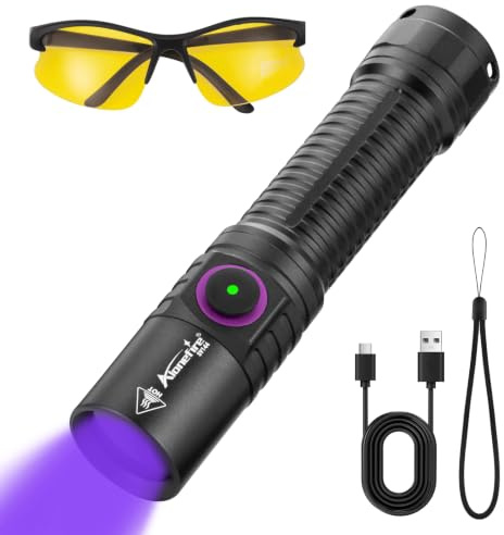 Alonefire SV144 Torcia UV 365nm Ricaricabile USB-C, 5W Torcia Luce Nera con Filtro Nero, Batteria, Occhiali Protettivi UV e Indicatore di Carica per Resina, Fluoresceina, Rilevatore di Urina,Minerali