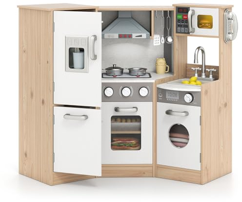 GYMAX Kids Corner Kitchen, Wooden Toy Kitchen with Microwave, Range Hood, Washing Machine, Ice Dispenser, Phone, Cooking Accessories, Realistic Light & Sound, Large Play Kitchen for 3 Years Old +