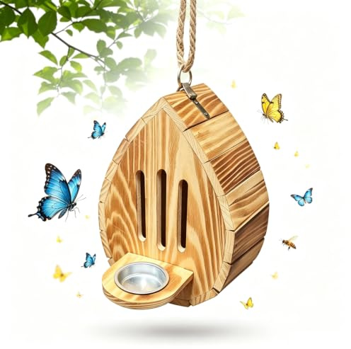 Teardrop Shaped Wooden Butterfly House, Wooden Butterfly Habitat & Feeder | Butterfly House for Garden, Hanging Butterfly Habitat & Feeder with Rope, Weatherproof Wooden Butterfly Shelter Garden Decor