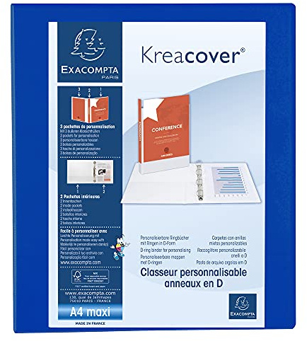 Exacompta - réf. 51842BE - 1 Classeur opaque rigide personnalisable 3 poches - 4 anneaux en D de 30 mm - Dos 47 mm - Dimensions extérieures : 32 x 27,7 cm - Format à classer A4 Maxi - Coloris : bleu
