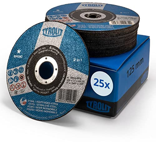 Tyrolit 25x Basic Trennscheiben 125 mm x 1mm x 22,23 mm A60Q | Trennscheiben für Metall, Stahl & Edelstahl I Extradünn für schnelles & gratarmes Trennen von Blechen oder Rohren | hohe Standzeit