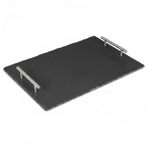 Serviertablett aus Schiefer, rechteckige Servierplatte 40 x 30 cm mit Metallgriffen, handgeschlagene Bruchkante, anthrazit, rutschfeste Noppen unten, robustes Tablett für Snacks, Fingerfood, Tischdeko