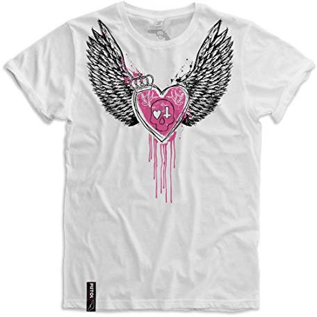 Pistol Boutique Hommes Blanc Fixe Roulé Manches Col Rond Crâne Croix Couronne Coeur Ailes T-Shirt