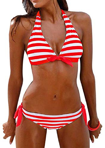 Tuopuda Costumi da Bagno Donna Bikini Due Pezzi Push Up Imbottito Righe Halter Top Reggiseno con Slip Costume Mare Coordinati Sexy Spiaggia Regolabile Brasiliana Bikini Set Estivi Beachwear, Rosso, S