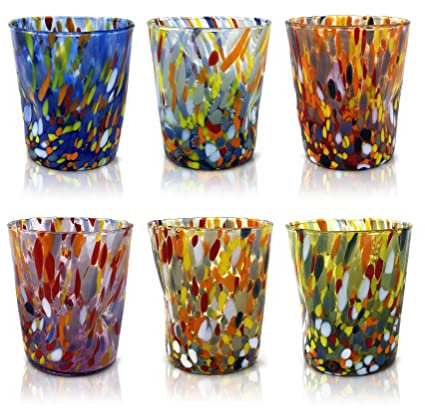 MAZZEGA ART & DESIGN - 6 vasos Goto Tumbler de vidrio soplados y hechos a mano con murrina Murano refinados y originales - Los colores de Murano - Modelo Tumbler 350 ml. Made in Italy