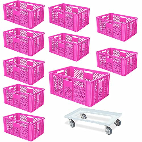 BRB 10 Eurobehälter, LxBxH 600x400x320 mm, Industriequalität, lebensmittelecht, pink + 1 Transportroller, weiß