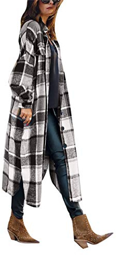 Manteau décontracté à carreaux en laine mélangée pour femme avec revers boutonné à manches longues (noir, blanc, M)