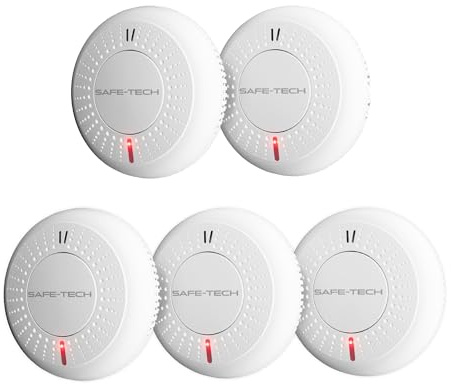 SAFE-TECH 5 Pack Wireless Interlinked Smoke Alarms for Home | BS EN 14604 Compliant for Scotland, Battery Powered Smoke Detector for Home,10 Year Sensor Life, UK Tech Support