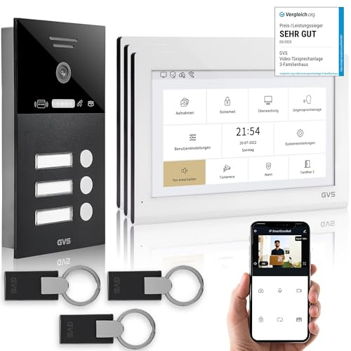 GVS - IP Video Türsprechanlage 3 Familienhaus mit Türöffner (RFID), HD Kamera, 3X 10 Zoll Monitor & App - Smarte Video Türklingel mit Kamera & Gegensprechanlage (AVS5443U)