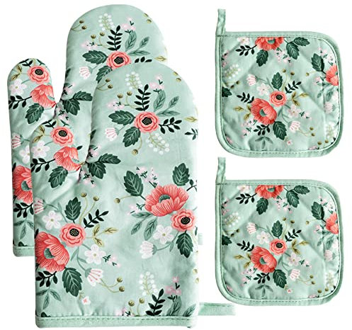 SEAUR Topfhandschuhe Ofenhandschuhe Baumwolle Topflappen Handschuh Set Dick Hitzebestaendig für Küche Kochen Backen Grillen - Grün Blumen Muster - 1 Paar und 2 Untersetzer