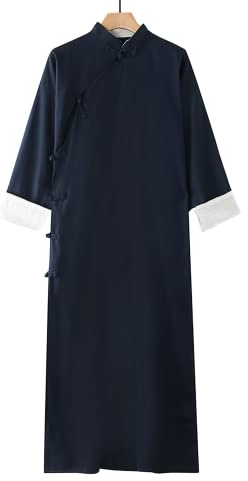 Moonetto Mens Cotton Linen Kung Fu Robe Chinese Martial Arts Uniform Tai Chi Long Suit Button Shirt Coat Robe Outfit(0244-Navyblue-XL)