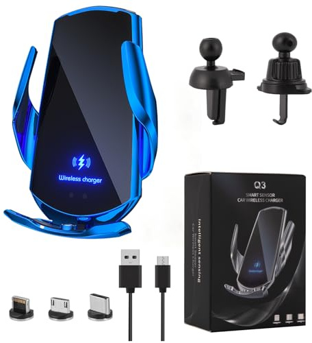 Wireless Car Charger Mount Automotive Electric Induction 15W Wireless Charger Car Auto Clamping Car Phone Holder Mount Wireless Charging Mount Vent Phone Holde Compatible with Android (Blue)