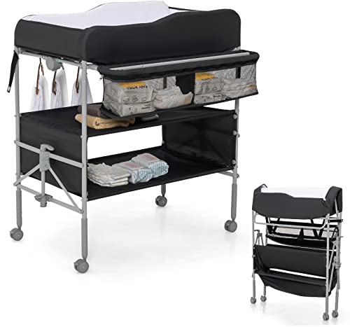 COSTWAY Baby Changing Table, Folding Nursery Changing Station with 4 Lockable Wheels, Rail, Storage Basket & Shelves, Height Adjustable Newborn Bath and Changer Unit Organizer (Black)