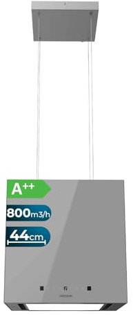 Cecotec Hotte Aspirante 44cm îlot Carré Bolero Flux Cct 448000 Glass Grey A++. Finition Verre Gris, Aspiration 800M3/H, Moteur 210W, 3 Puissances, Filtre Charbon