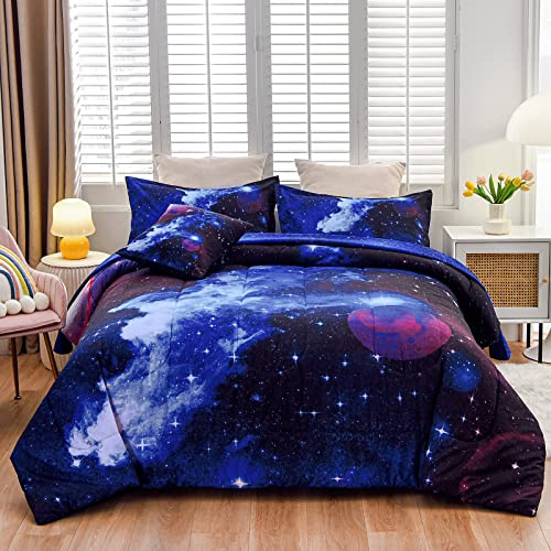 A Nice Night Galaxy 6Pcs Bedding Sets Outer Space Comforter Bed in a Bag 3D Printed Quilt,for Children Boy Girl Teen Kids,Queen 6Pcs