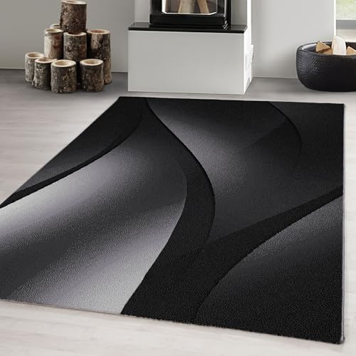 Carpetsale24 Teppich 240x340 cm Schwarz Kurzflor Abstrakt Wellen Design Großer Teppich für Wohnzimmer Schlafzimmer Flur Küche Esszimmer Kinderzimmer Pflegeleicht Weich