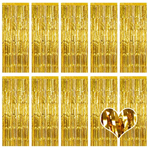 Fransenvorhang, Goldfolie, 1 x 2,5 m, metallische Lametta-Fransenvorhänge, Lametta-Hintergrund, Luftschlangen für Geburtstagsparty, Dekoration, Hochzeit, Weihnachten, 10 Stück (Gold)